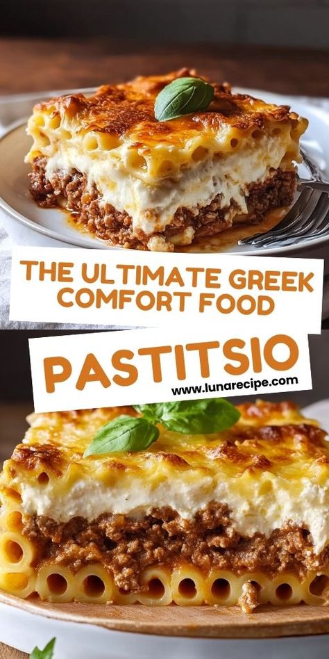 Pastitsio Ingredients: 1 pound dry ziti pasta 1 tablespoon olive oil 1 large onion, chopped 2 cloves garlic, minced 1 1/2 pounds lean ground beef 1/4 teaspoon ground cinnamon 1/4 teaspoon ground nutmeg 1/4 teaspoon ground allspice 1 (15-ounce) can tomato sauce 1 (6-ounce) can tomato paste 1/2 cup red wine 2 eggs, beaten 1 cup grated Parmesan cheese, divided 1/2 cup butter 1/2 cup all-purpose flour 3 cups milk Salt and pepper to taste #Pastitsio #ComfortFood Pastitsio Recipe, Greek Pastitsio, Dinner Pies, Greek Recipes Authentic, Best Lasagna Recipe, Ziti Pasta, Greek Pasta, Yummy Pasta Recipes, Pasta Dinner Recipes