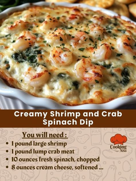 Cooking Corner | Creamy Shrimp and Crab Spinach Dip | Facebook Cajun Crab And Shrimp Dip, Crab And Shrimp Dip, Crab And Spinach Dip Recipe, Crab Spinach Dip, Meal Prep Grocery List, Shrimp Spinach, Cajun Crab, Dip Recipes Hot, Creamy Spinach Dip