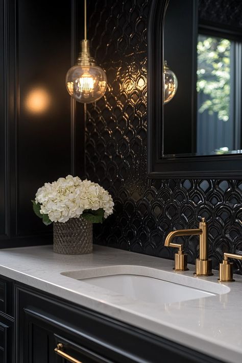 29 Apartment Bathroom Decor Ideas for a Chic and Functional Makeover 8 Black Bathroom Gold Accents, Black Art Deco Bathroom, Art Deco Half Bathroom, Black And Gold Bathroom Decor Ideas, Boujee Bathroom, Deco Bathroom Ideas, Art Deco Bathroom Ideas, Opulent Bathroom, Vintage Glam Bathroom