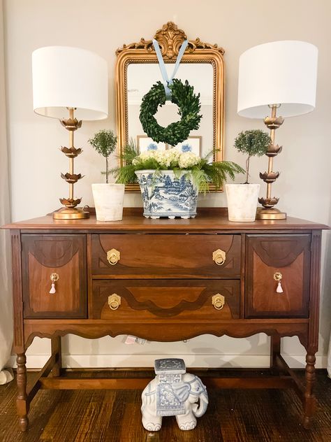 Dining Room Buffet Styling, Myrtle Plant, Decorate A Sideboard, How To Decorate A Sideboard, Cabbage Plates, Buffet Styling, Dining Room Buffet Decor, Smocked Baby Clothes, Sideboard Styles