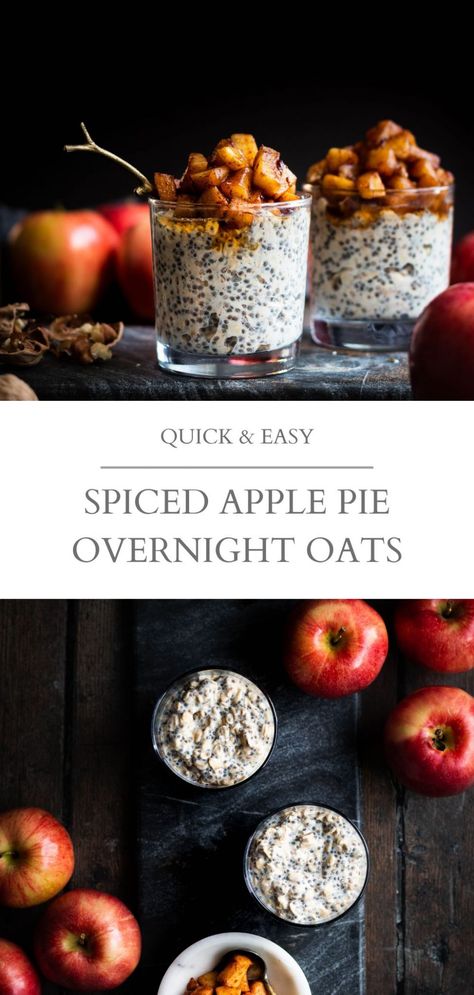 Cozy spiced apple pie overnight oats. A simple chia oatmeal topped with spiced sautéed apples. This quick and easy breakfast is perfect for meal prep or busy weeks. It's also vegan and gluten-free! | Nourished by Caroline #overnightoats #vegan #veganoats #chia #applerecipes #fallrecipes #breakfastrecipes #easyrecipes #healthyrecipes #veganbreakfast #glutenfree #glutenfreebreakfast #mealprep #easybreakfast Apple Spice Overnight Oats, Apple Pie Overnight Oats Protein, Apple Crumble Overnight Oats, Vegan Make Ahead Breakfast, Quick Oat Recipes, Sautéed Apples, Spiced Apple Pie, Chia Oatmeal, Overnight Oats Vegan