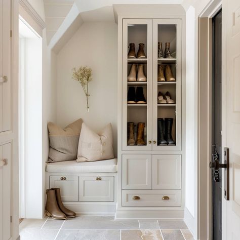 Foyer Entryway Storage, Shoe Nook Entryway, Small Entryway Ideas With Storage, Small Entry Way Built In Ideas, Built In Shoe Cabinet Entryway, Entryway Storage Built In, Entrance Hall Shoe Storage, Entry Built In, Entry Way Built In Cabinet Ideas