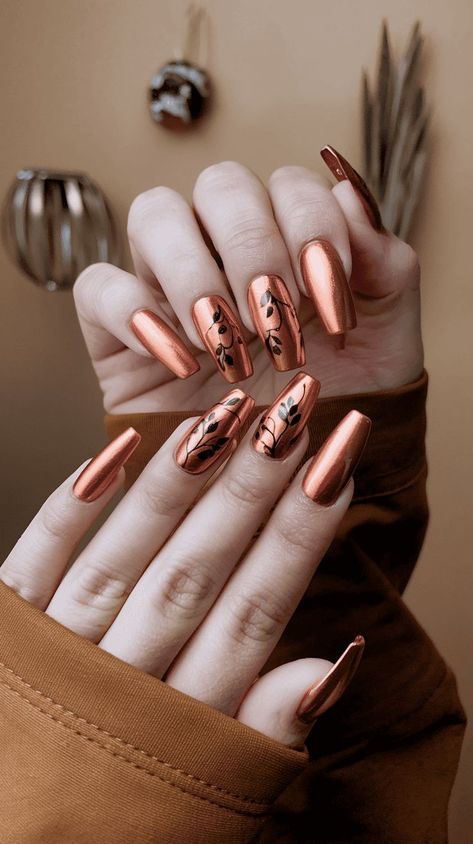 Metallic Copper Fall Nails Copper Nail Art, Copper Nails Designs, Copper Nail, Metal Nails, Copper Fall, Copper Nails, Fall Nail Ideas, Eye Nails, Cat Eye Nails