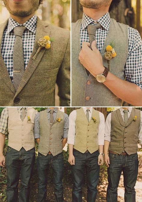 groomsmen in jeans. strikingly handsome. A fairytale wedding in the forest by Sweet Little Photographs #groom #groomsmen #wedding Fall Groomsmen Attire, Groomsmen Jeans, Country Groomsmen, Fall Groomsmen, Mismatched Groomsmen, Wedding Groomsmen Attire, Country Attire, Wedding Party Shirts, Tweed Vest