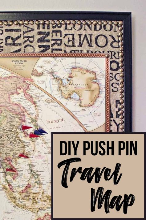 Make your own DIY push pin travel map with a bulletin board, fabric and a paper map! Mark all your travels and plan new ones! Travel Map Ideas, Diy Push Pins, Fabric Bulletin Board, Push Pin Travel Map, Pin Travel Map, Travel Map Diy, Diy Map, Map Ideas, Pushpin Travel Map