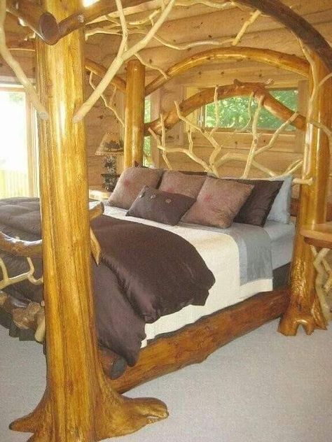 Branch Bed Frame, Natural Wood Bed Frame, Log Canopy Bed, Natural Wood Bed, Wood Canopy Bed, Bedroom Inspirations Master, Wood Canopy, Canopy Bed Frame, Frame Cabin