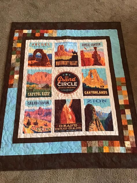 Quilt Panel Ideas, National Park Quilt, National Park Quilt Blocks, Mountain Quilt Pattern, Usa Quilt, Camping Quilt, Panel Quilt Patterns, Blanket Tutorial, Heart Border