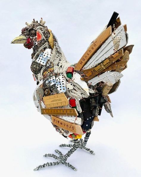 The Art of Assemblage & Found Object Art | *Pearl's a Chicken *(2020) - 48cm H x 35cm L x 28cm W | Facebook Assemblage Art Sculpture, Assemblage Art Dolls, Mosaic Birds, Object Art, Found Object Art, Uk Artist, Human Form, Found Objects, Recycled Art