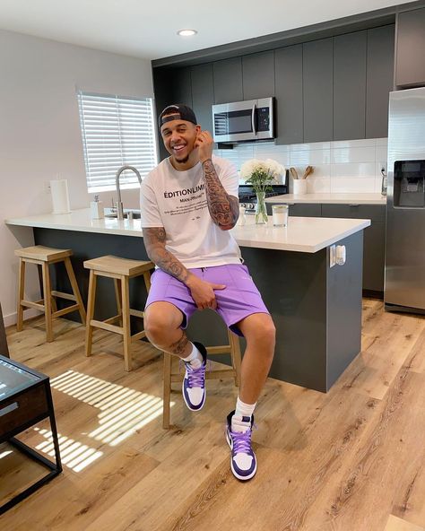 KB no Instagram: “Genuine smiles. ⁣⁣ ⁣ Fit: @boohoomanofficial ⁣⁣ Tattoo: @che_artwork” Court Purple Jordan 1 Outfit, Jordan 1 Outfit Men Summer, Jordans Outfit Men, Purple Jordans Outfit, Purple Jordans, Men Outfits Swag, Jordan 1 Outfit Men, Jordan 1 Court Purple, Jordans Outfit