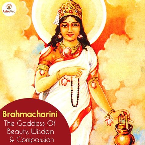 Brahmacharini is the second among the nine divine forms of Durga worshipped on the second day of Navratri. She is believed as the storehouse of divine wisdom & intellect. Brahmacharini Maa, Brahmacharini Devi, Second Day Of Navratri, Goddess Brahmacharini, Maa Brahmacharini, Mother Durga, Divine Wisdom, Devotional Quotes, Second Day