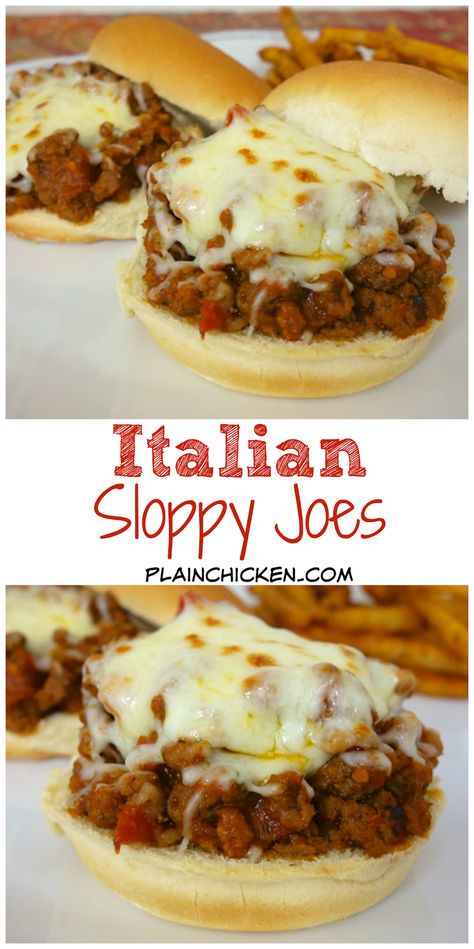 1 lb hamburger 1 lb sausage 1 tsp garlic powder 1(26oz)  jar spaghetti sauce mozzarella cheese buns Italian Sloppy Joes, Italian Sausage Recipes, Sloppy Joes Recipe, Homemade Meals, Plain Chicken, Hamburger Recipes, Sloppy Joe, Sloppy Joes, Spaghetti Sauce