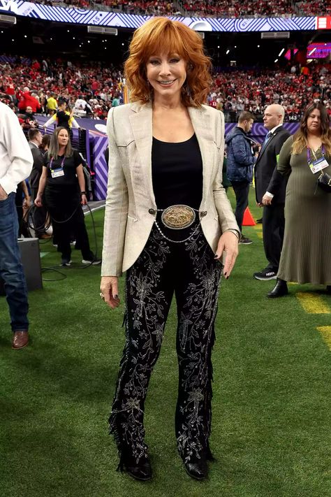 See Reba McEntire's Outfit for Super Bowl 2024 National Anthem Performance Glittery Outfits, Sheridan Wyoming, Blue Cowboy Boots, Fringe Pants, National Finals Rodeo, Singing Competitions, Rodeo Life, Reba Mcentire, Chance The Rapper