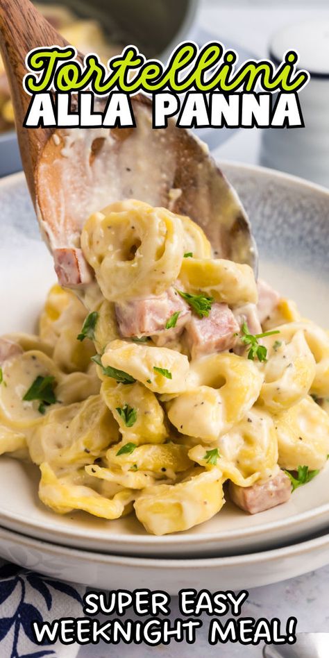 Tortellini alla panna recipe with ham Tortellini Alla Panna Recipe, Pasta With Ham, Tortellini Alla Panna, Gluten Free Pasta Dishes, Creamy Tortellini, Pasta With Alfredo Sauce, Stuffed Pasta, Favorite Pasta Recipes, Chopped Ham