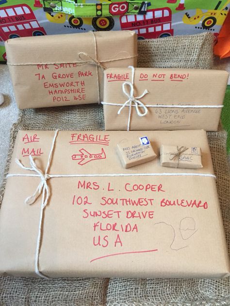 Home made parcels for post office role play Dramatic Play Prop Boxes For Preschool, Post Office Role Play, Post Office Activities, Pretend Play Post Office, Jolly Christmas Postman, Post Office Play, Katie Morag, Post Office Dramatic Play, Office Dramatic Play