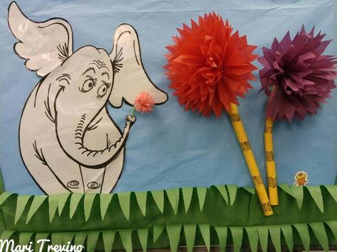 Dr. Seuss' Horton Hears A Who/The Lorax backdrop/bulletin board. Dr Seuss Classroom Door, Dr Seuss Bulletin Board, Dr Seuss Party Ideas, Dr Seuss Classroom, Dr Seuss Crafts, Dr Seuss Birthday Party, Seuss Classroom, Seuss Crafts, Horton Hears A Who