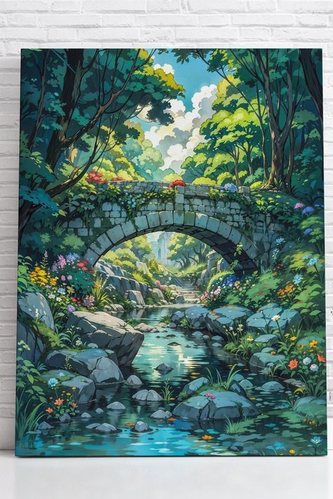 Lush forest canvas featuring an arched stone bridge over serene waters, surrounded by vibrant flora, set against a minimalist white brick wall backdrop. River Drawing, Bridge Drawing, Forest Drawing, Bridge Painting, Bridge Art, River Painting, Stone Bridge, Fantasy Forest, Studio Ghibli Art