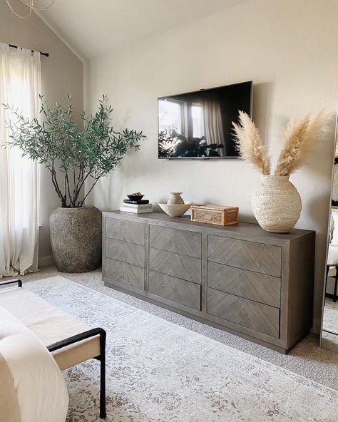 Neutral Living Room With Plants, Dresser Ideas Decor, Scandi Plants, Julia And Hunter Havens, Julia Havens Home Decor, Restoration Hardware Dresser, Bedroom Dresser Ideas, Julia Havens, Little Bedroom