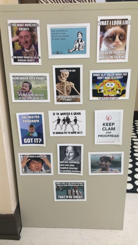 A little humorous addition to my classroom.. A meme wall! Meme Classroom Decor, Quirky Classroom Decor, Teacher Goals, Teacher Tricks, English Classroom Decor, Class Memes, Student Picture, Classroom Decor High School, Classroom Banner