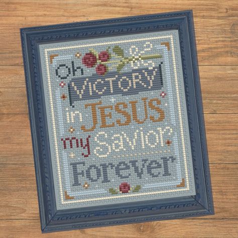 "Featuring the lyrics from the hymn Victory in Jesus, this cross stitch pattern is the first in a 12-part series: Songs and Scriptures by Sweet Wing Studio.  This listing is for an instantly downloadable PDF cross stitch pattern only, not a finished piece. No fabric, floss, or other materials are included with this purchase. ⭐️ Pattern Details: The stitch count is 61 w x 74 h. The suggested fabric is 32 ct Rain linen by Wichelt. If stitched on 16 ct Aida or 32 ct linen, the finished size will be approximately 3.8\" wide x 4.6\" high. 🧵 Floss Colors Used: 10 Classic Colorworks: CCT-101 Manor Red (DMC 3777) CCT-145 Old Oak Tree (DMC 783) CCT-175 Onion Skin (DMC 3864) CCT-187 Blacksmith Blue (DMC 3750) Gentle Arts: 7018 Woodrose (DMC 223) 7044 Dungarees (DMC 931) 7080 Endive (DMC 471) 0190 F Bible Verse Cross Stitch Patterns, Joy Cross Stitch Pattern, Christian Cross Stitch Patterns Free, Free Scripture Cross Stitch Patterns, Hymn Cross Stitch Patterns, Cross Stitch Bible Verse Pattern, Christian Cross Stitch Patterns, Hymns Lyrics, Christian Cross Stitch