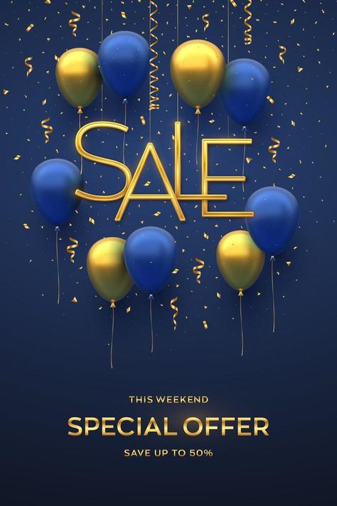 Sale design banner template. Hanging Golden metallic Sale letters with 3D festive helium balloons and falling confetti on blue background. Advertising poster or flyer. Realistic vector illustration. Background Advertising, Sale Poster Design, Illustration Advertisement, Blue Balloons, Helium Balloons, Graphic Templates, Advertising Poster, Design Ad, Banner Template