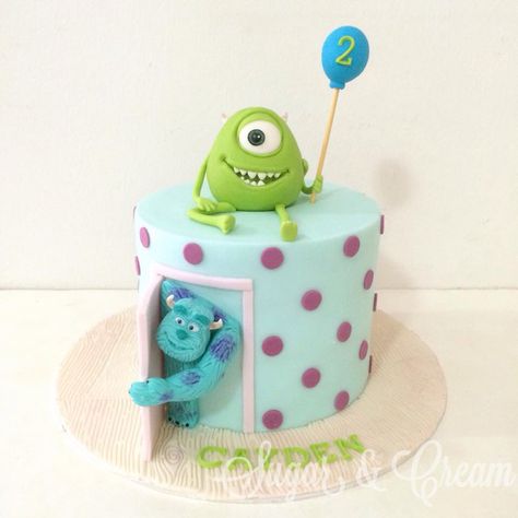 Monsters inc cake idea Monster University Birthday Cake, Simple Monsters Inc Cake, Sully Birthday Cake, Sully Cake Monsters Inc, Boo Cake Monsters Inc, Monsters Inc Food Ideas, Monsters Inc Boo Birthday Party Ideas, Monster Inc Cake Ideas, Pastel Monster Inc