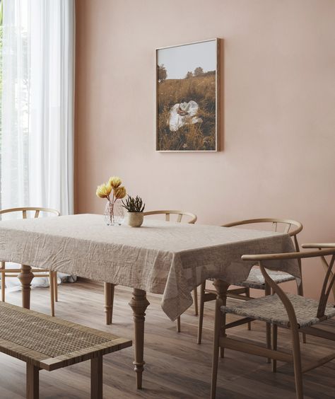 Working as a neutral, opt for dusky pink Oak Plank as an all-over application on walls. This comforting shade creates a grown-up feel for intimate dining areas. Shop Oak Plank at our link in bio today! Light Pink Dining Room, Peach Dining Room, Pink Dining Room, Pink Dining Rooms, Earthy Pink, Light Pink Walls, Oak Planks, Perfect House, Pink Kitchen