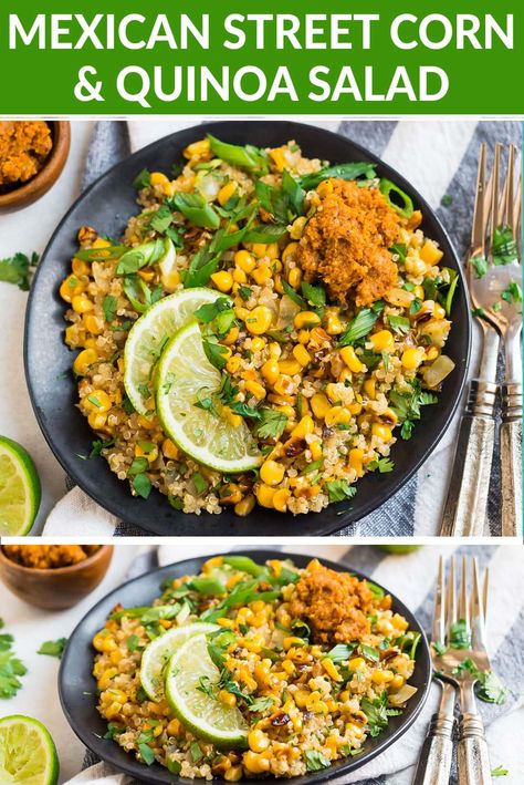 Healthy Mexican street corn quinoa salad is an easy lightened-up version of elote. Made with quinoa and NO MAYO! Elote Quinoa Salad, Healthy Mexican Street Corn, Corn Quinoa Salad, Corn Quinoa, Burrito Bowl Meal Prep, Quinoa Salads, Salad With Quinoa, Vegetarian Mexican Recipes, Veggie Mains