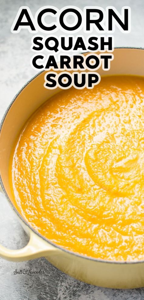 a pot of soup with text overlay that reads acorn squash carrot soup Roasted Squash And Carrot Soup, Soups With Carrot, Acorn Squash And Carrot Soup, Carrot Squash Soup Recipes, Carrot And Squash Soup, Acorn Squash Soup Crockpot, Acorn Squash Crockpot Recipes, Acorn Squash Recipe Soup, Acorn Squash Soup Recipes