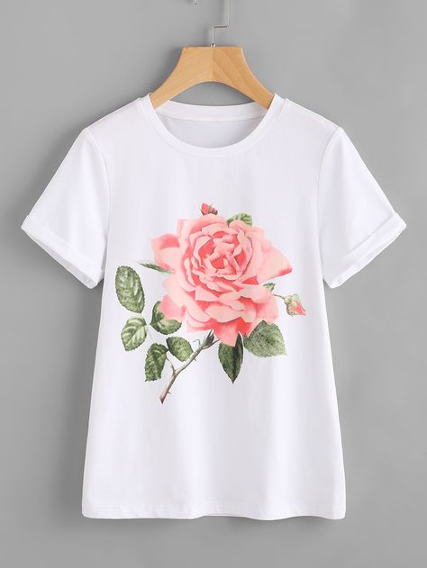 Shop Rose Print Cuffed T-shirt online. SheIn offers Rose Print Cuffed T-shirt & more to fit your fashionable needs. Shirt Painting, T Shirt Painting, Wild Girl, Shirt Cuff, Painting Designs, Women T Shirts, Top Collection, Rose Print, Shirt Ideas