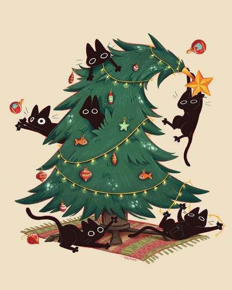 cute cat christmas tree postcard card funny mess adorable digital illustration festive card postcard design by chetom Sony Cat, Black Cat Christmas, ポップアート ポスター, Výtvarné Reference, Illustration Noel, Christmas Card Art, Cute Christmas Wallpaper, 카드 디자인, Cat Christmas