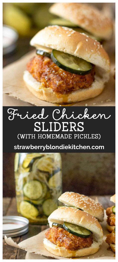 These delicious fried chicken sliders are cooked until golden brown, topped with homemade pickles and nestled into a slider bun for the perfect bite of comfort food! Chicken Sandwiches Recipes, Make Ahead Sandwiches, Pickle Ideas, Fried Chicken Sandwiches, Recipe Appetizers, Sandwiches Recipes, Slider Sandwiches, Food Ad, Chicken Sliders