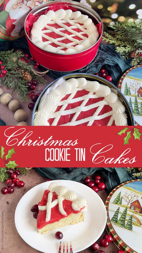 Christmas Cookie Tin Cakes Christmas Cake In Tin Can, Christmas Tin Recipes, Cookie Tin Cake, Christmas Tins Treats, Tin Cakes, Christmas Cookie Tin, Tin Cake, Holiday Baking Recipes, Homemade Frosting