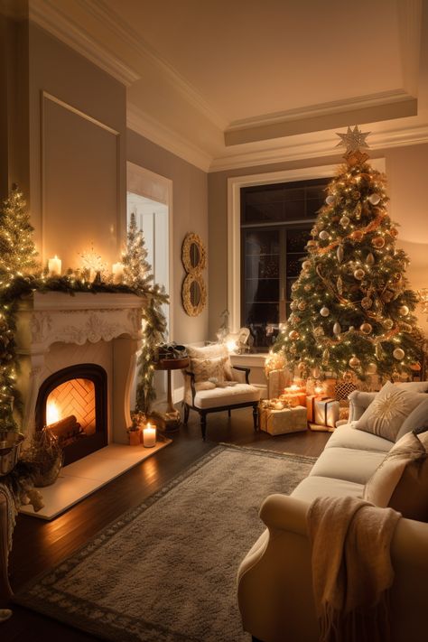 Elegant living room with Christmas decorations including tree, candles, fireplace. Christmas Interior Decor Ideas, Christmas Home Decorations Living Room, Cozy Living Rooms With Fireplace, Cozy Home Christmas, Christmas Cozy Home, Cozy Christmas Fireplace, Cozy Living Room With Fireplace, Warm Christmas Decor, Christmas Living Room Ideas