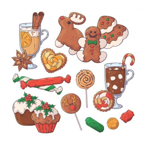 Hand drawn christmas food collection . | Premium Vector #Freepik #vector #christmas Christmas Food Illustration Drawing, Christmas Food Drawing, Christmas Food Illustration, Christmas Cookies Drawing, Christmas Food Art, Food Drawing Ideas, Cookie Drawing, Desserts Drawing, Hand Drawn Christmas