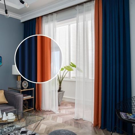 INTERIOR DESIGNER IN LAGOS on Instagram: “Lovely blue and a touch and orange to complement the curtain design. You can have this done for you in any color of your choice to match…” Royal Blue And Orange Living Room, Orange And Blue Curtains, Orange Curtains Living Room Ideas, Navy Blue Curtains Living Room Ideas, Orange And Navy Living Room, Navy Blue And Orange Living Room, Navy And Orange Living Room, Navy Curtains Living Room, Orange And Blue Living Room