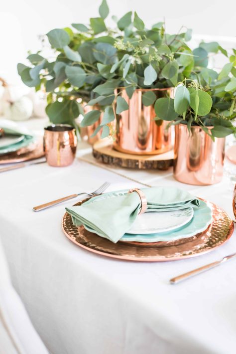 My 2019 fall table decor is not only elegant but the simple centerpiece can be pulled together in seconds. The sage green and copper tones are perfect for this autumn season and beyond. Table Settings Sage Green, Harvest Table Setting, Fall Table Setting, Copper Fall, Fall Tabletop Decor, Fall Home Decor Ideas, Elegant Thanksgiving, Green And Copper, Fall Table Centerpieces