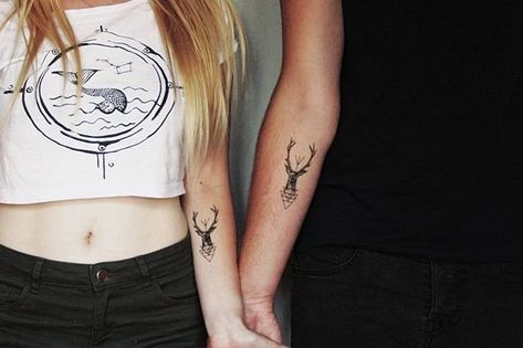 Couple Tattoo Love, Tattooed Couples Photography, Couple Tattoo Quotes, Tattoo Deer, Matching Tattoo Ideas, Doe Tattoo, Couple Tattoos Love, Tattoos Infinity, Tattoo Love