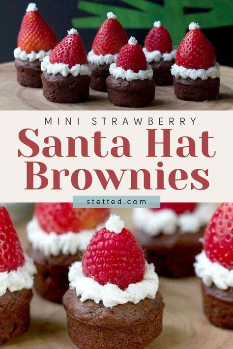 Spread the holiday cheer with these adorable Santa Hat Brownies! Get festive with this easy recipe that combines rich chocolatey brownies topped with delightful Santa hats. Perfect for seasonal gatherings and bringing joy to every bite! Easy Xmas Dessert, Santa Hat Brownies, Strawberry Santa Hats, Mini Santa Hat, Xmas Appetizers, Christmas Finger Foods, Strawberry Brownies, Christmas Brownies, Xmas Desserts