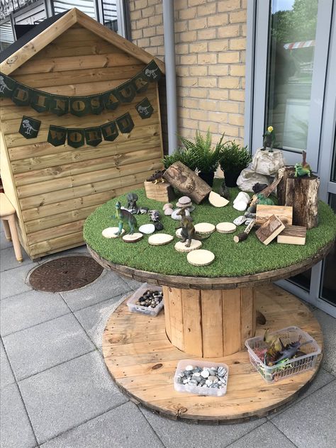 Mrs M on Twitter: "Excited to be developing our Year 1 outdoor provison ready for September.… " Dinosaur Play Area, Cable Reel Ideas For Kids, Sensory Garden Ideas, Early Years Outdoor Area, Kids Garden Play, Eyfs Outdoor Area, School Reception, Sensory Path, Outdoor Play Space