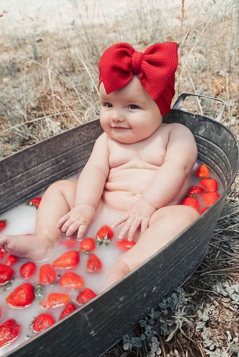 Valentines Milk Bath Baby, Infant Milk Bath Pictures, Strawberry Milk Bath Baby, Strawberry Milk Bath, Valentines Baby Photos, 3 Month Old Baby Pictures, Baby Milk Bath, Half Birthday Baby, 6 Month Baby Picture Ideas