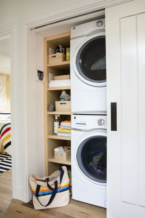 Washer Dryer Closet, Raili Clasen, Cottage Laundry Room, Laundry Shelves, Patterned Tile Backsplash, Compact Laundry, Taupe Walls, Hallway Closet, Stylish Laundry Room