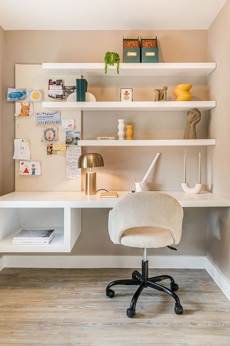 Shelf Inspo for Home Offices and Study Rooms Mushroom Wall Paint, Shelves Above Desk, Office Wall Shelves, Above Desk, Office Wall Organization, White Shelving, Ikea Home Office, Teen Desk, Home Office Decor Ideas