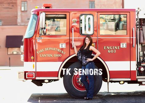 Senior pictures with a fire truck Fire Department Senior Pictures, Senior Picture With Fire Truck, Female Firefighter Photoshoot, Women Firefighters Pictures, Fighter Photography, Fire Truck Pictures, Vintage Trucks Ford, Fire Truck Activities, Firewoman Female Firefighter