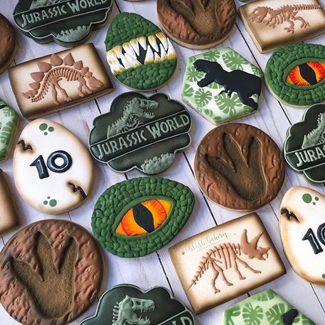 Jurassic World dinosaur cookie Jurassic World Cake, 3rd Birthday Party For Boy, Jurassic Park Birthday Party, Jurassic Park Party, Dinosaur Birthday Theme, Jurassic Park Birthday, Dinosaur Birthday Party Decorations, Dinosaur Birthday Cakes, Dinosaur Cookies