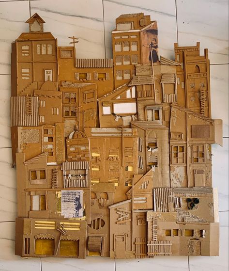 Cardboard Collage Art, Places And Spaces Gcse Art, Cardboard Architecture, Cardboard Relief, Cardboard Collage, Cardboard Art Sculpture, Art On Cardboard, Art Alevel, Gcse Art Sketchbook