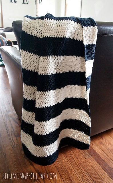 Easy beginner’s project! Double-crochet makes this throw blanket quick and easy. Finished size about 3 feet x 4 feet. uses either one large 14-oz ball or 9 small 1.74-oz balls of each color (black and white). Throw Blanket Pattern, Striped Throw Blanket, Crocheted Blanket, Crochet For Beginners Blanket, Crochet Blanket Afghan, Crochet Throw Blanket, Haken Baby, Crochet Simple, Crochet Quilt