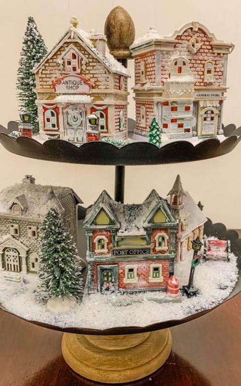 Dollar Tree Christmas Village remake - For The Love Of Decorating Dollar Tree Christmas Village, Village Tree, Christmas Signs Diy, Dollar Tree Christmas Decor, Dollar Store Christmas Crafts, Diy Christmas Village, Flocked Christmas Trees Decorated, Christmas Village Houses, Christmas Village Display