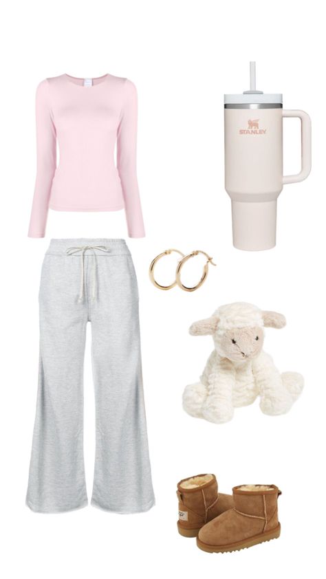 long sleeve pink top, grey sweatpants, uggs mini, gold hoops, jellycat, pink stanley cup outfit Stanley Cup Outfit, Pink And Grey Outfit, Pink Stanley Cup, Mini Gold Hoops, Uggs Mini, Pink Stanley, Mini Gold, Grey Outfit, Grey Sweatpants