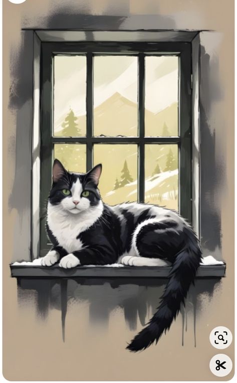 Cat On Windowsill Drawing, Cat Digital Painting, Serene Art, Tuxedo Cat Art, Ipad Illustration, Wind Drawing, Winter Watch, Dream Drawing, Grey And White Cat