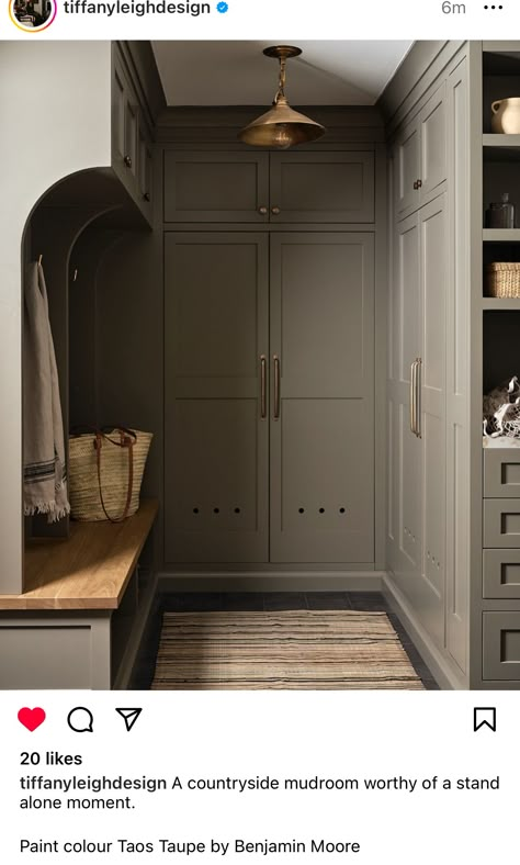 Gray Green Mudroom, Olive Green Mudroom Cabinets, Moody Grey Green Paint, Muted Gray Green Paint, Sherwin Williams Dried Thyme Color Palette, Paint Color Inspiration, Mudroom Design, House Color Schemes, Flipping Houses